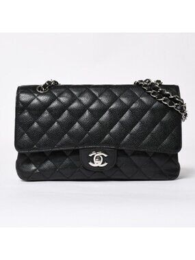 Chanel Quilted 25 Double Flap Chain Shoulder Bag CC Logo Caviar Leather Black